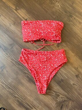 SHEIN Red Floral High-Waist Bandeau Bikini Set